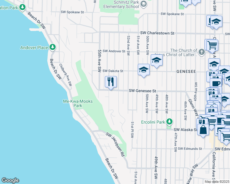 map of restaurants, bars, coffee shops, grocery stores, and more near 5220 Southwest Genesee Street in Seattle