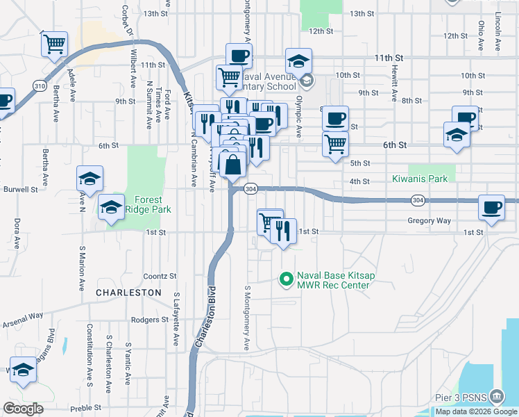 map of restaurants, bars, coffee shops, grocery stores, and more near 122 North Montgomery Avenue in Bremerton