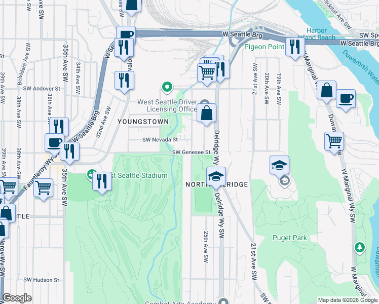 map of restaurants, bars, coffee shops, grocery stores, and more near 2604 Southwest Genesee Street in Seattle