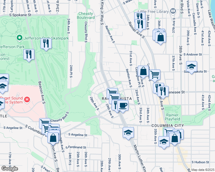 map of restaurants, bars, coffee shops, grocery stores, and more near 2919 South Adams Street in Seattle