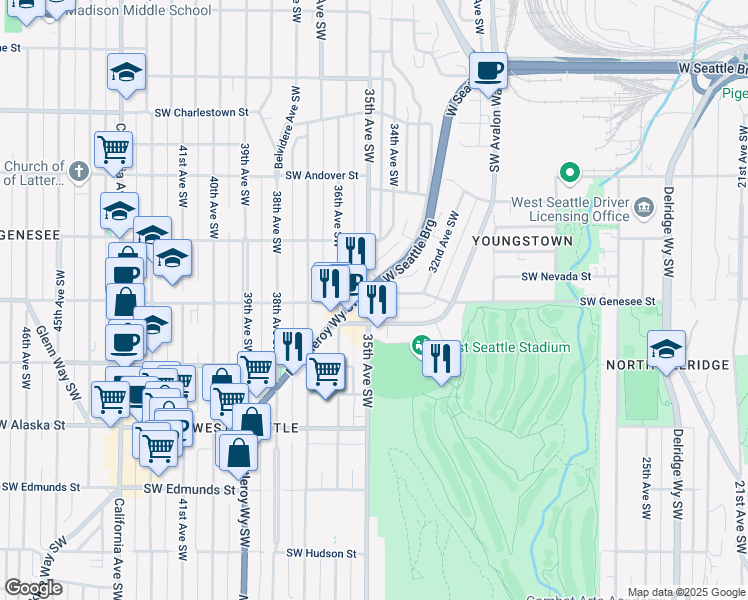 map of restaurants, bars, coffee shops, grocery stores, and more near 4402 35th Avenue Southwest in Seattle