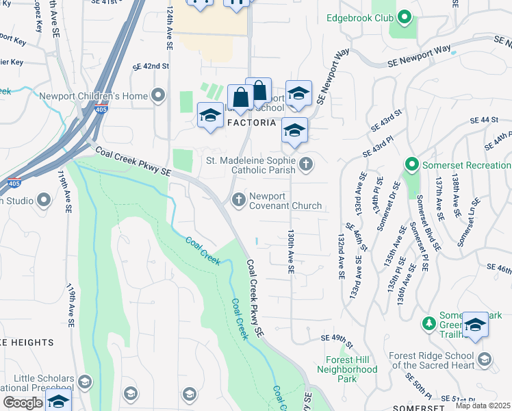 map of restaurants, bars, coffee shops, grocery stores, and more near 12903 Southeast 45th Lane in Bellevue