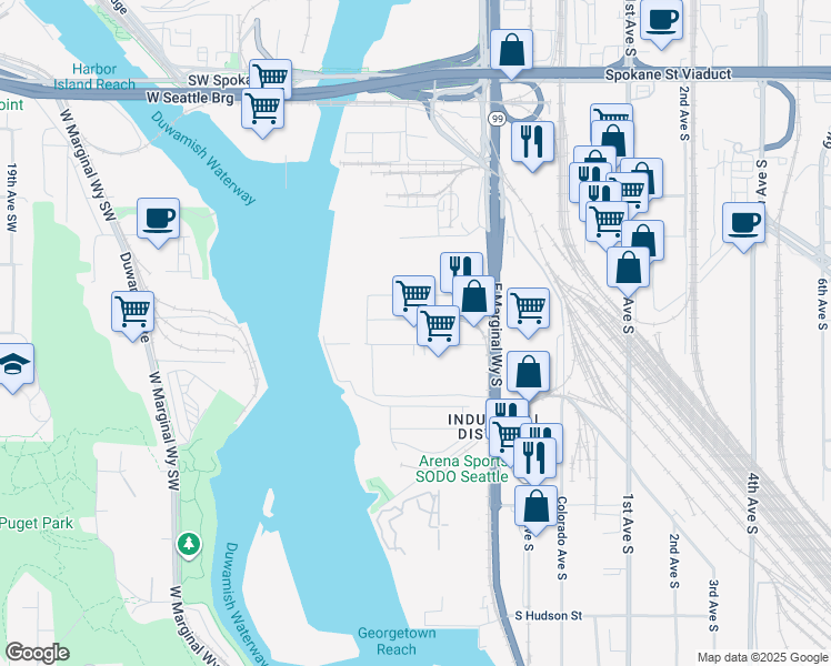 map of restaurants, bars, coffee shops, grocery stores, and more near 8 S Idaho St in Seattle