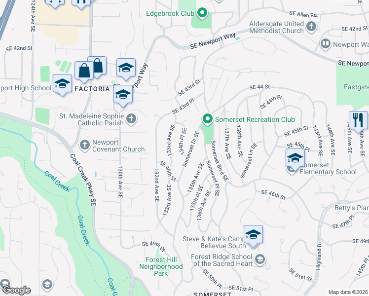 map of restaurants, bars, coffee shops, grocery stores, and more near 4502 134th Place Southeast in Bellevue