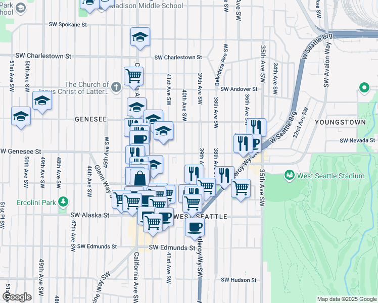 map of restaurants, bars, coffee shops, grocery stores, and more near 4153 39th Avenue Southwest in Seattle