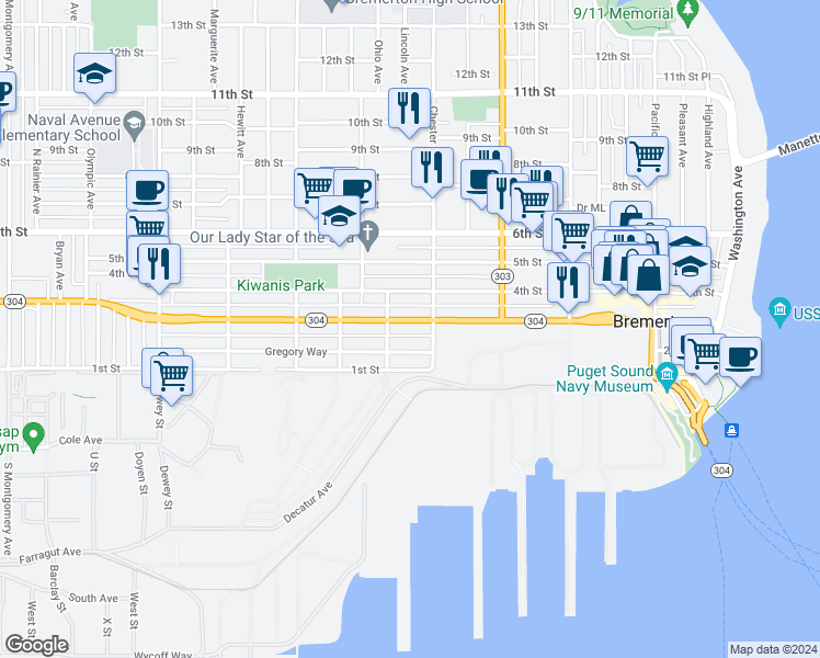 map of restaurants, bars, coffee shops, grocery stores, and more near in Bremerton