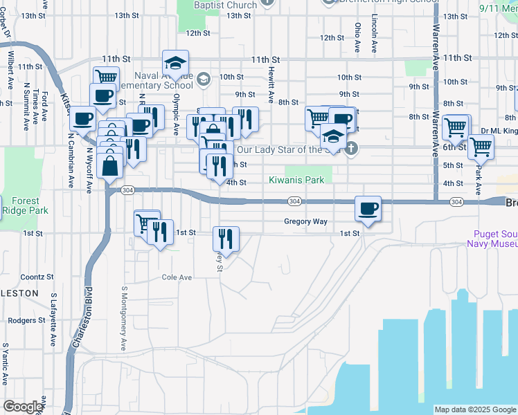 map of restaurants, bars, coffee shops, grocery stores, and more near 1917 Burwell Street in Bremerton
