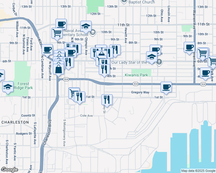 map of restaurants, bars, coffee shops, grocery stores, and more near 1941 Washington 304 in Bremerton