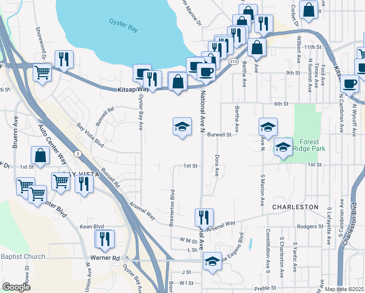 map of restaurants, bars, coffee shops, grocery stores, and more near 101 National Avenue West in Bremerton