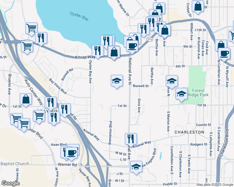 map of restaurants, bars, coffee shops, grocery stores, and more near 101 National Avenue West in Bremerton