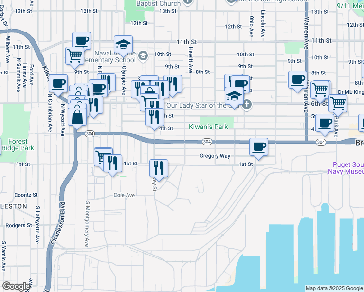 map of restaurants, bars, coffee shops, grocery stores, and more near 1917 Burwell Street in Bremerton