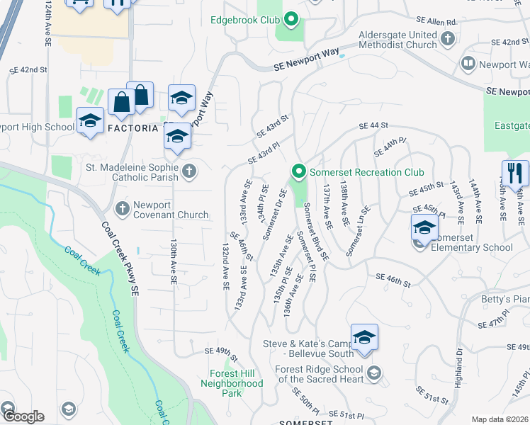 map of restaurants, bars, coffee shops, grocery stores, and more near 4502 134th Place Southeast in Bellevue