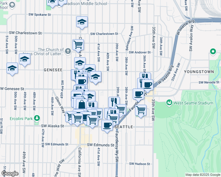 map of restaurants, bars, coffee shops, grocery stores, and more near 4153 39th Avenue Southwest in Seattle