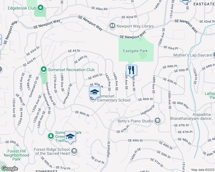 map of restaurants, bars, coffee shops, grocery stores, and more near 4513 143rd Avenue Southeast in Bellevue