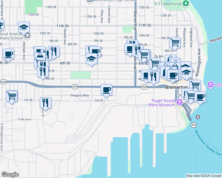 map of restaurants, bars, coffee shops, grocery stores, and more near 1215 Burwell Street in Bremerton