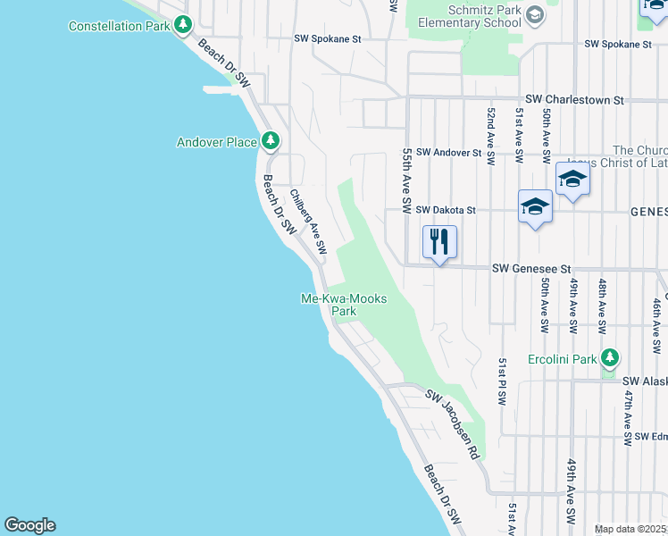 map of restaurants, bars, coffee shops, grocery stores, and more near 4400 Beach Drive Southwest in Seattle