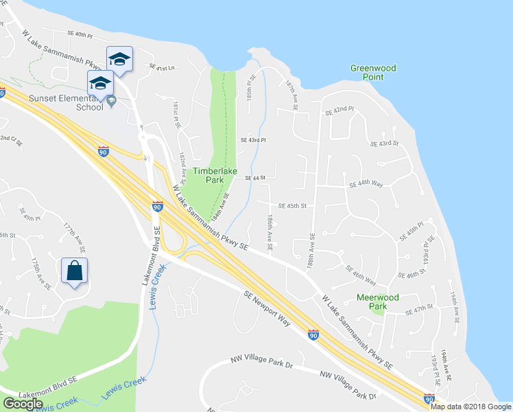 map of restaurants, bars, coffee shops, grocery stores, and more near 18529 Southeast 45th Street in Issaquah