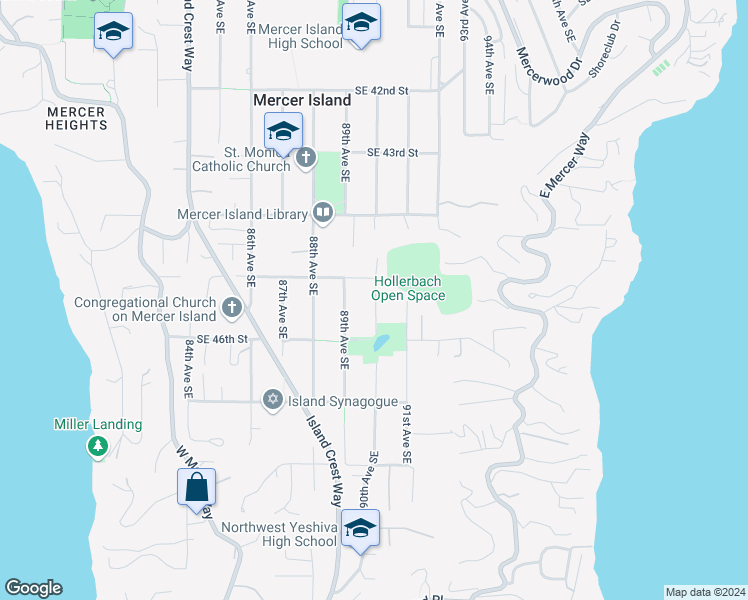 map of restaurants, bars, coffee shops, grocery stores, and more near 4525 90th Avenue Southeast in Mercer Island