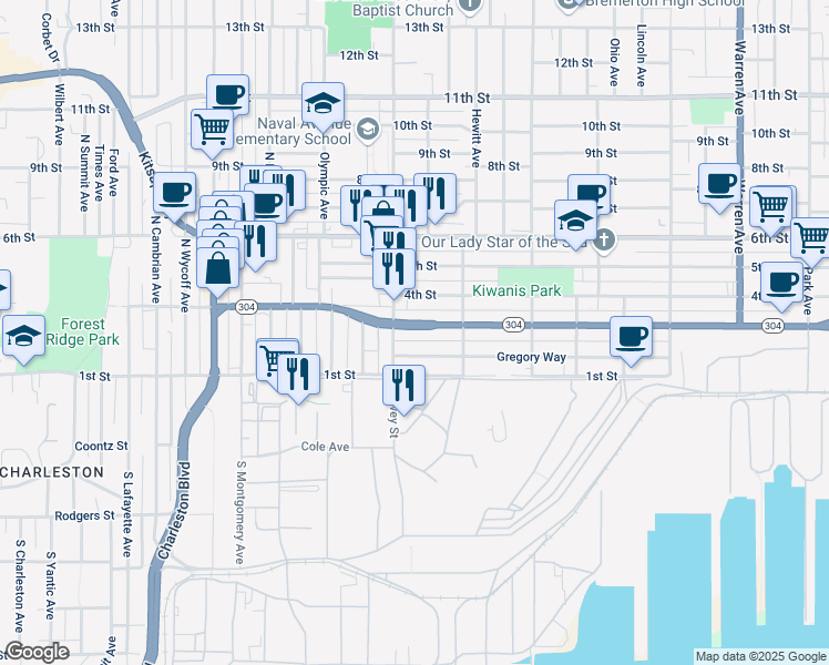 map of restaurants, bars, coffee shops, grocery stores, and more near 1941 Washington 304 in Bremerton
