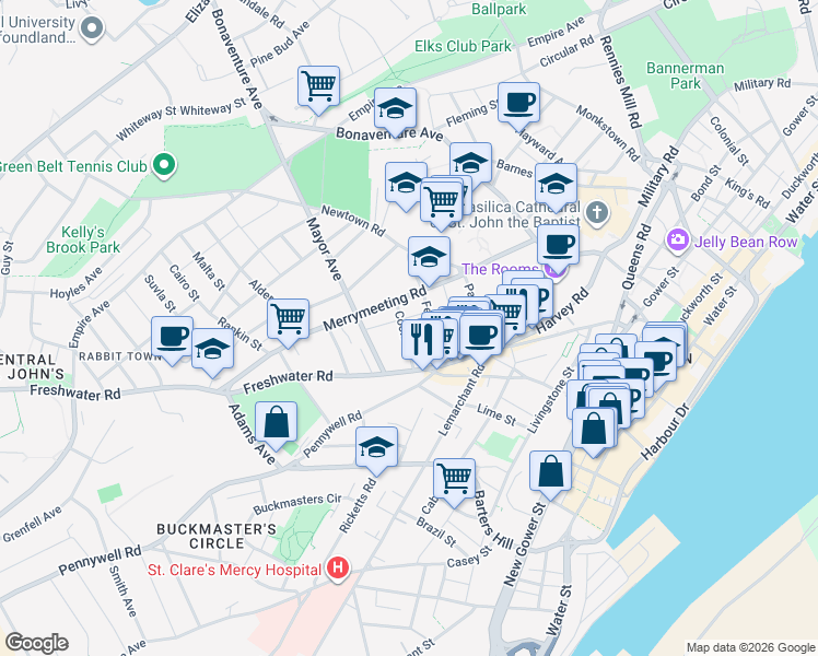 map of restaurants, bars, coffee shops, grocery stores, and more near 36 Cook Street in St. John's
