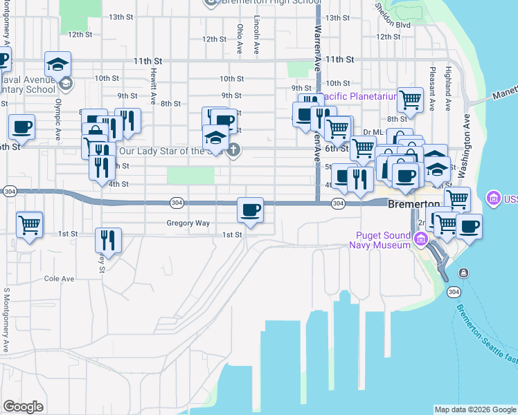 map of restaurants, bars, coffee shops, grocery stores, and more near in Bremerton