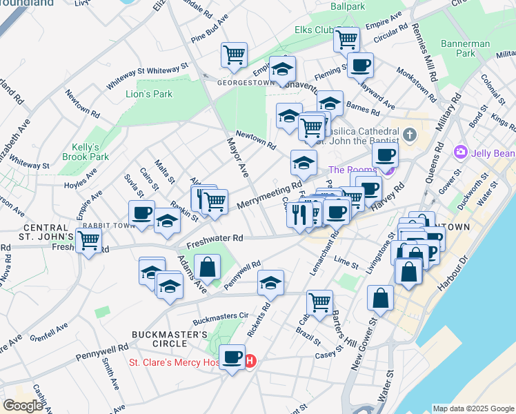 map of restaurants, bars, coffee shops, grocery stores, and more near 31 Mayor Avenue in St. John's