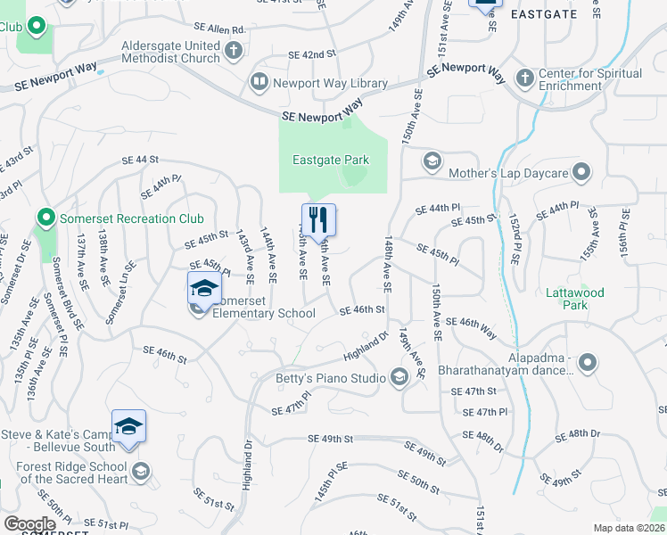 map of restaurants, bars, coffee shops, grocery stores, and more near 4518 146th Avenue Southeast in Bellevue