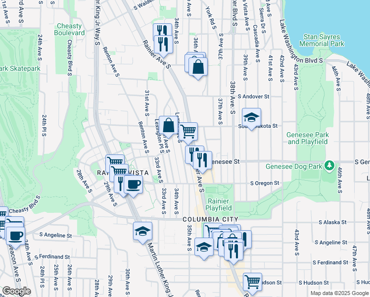 map of restaurants, bars, coffee shops, grocery stores, and more near 4215 Rainier Avenue South in Seattle