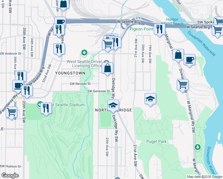 map of restaurants, bars, coffee shops, grocery stores, and more near 4150 25th Avenue Southwest in Seattle
