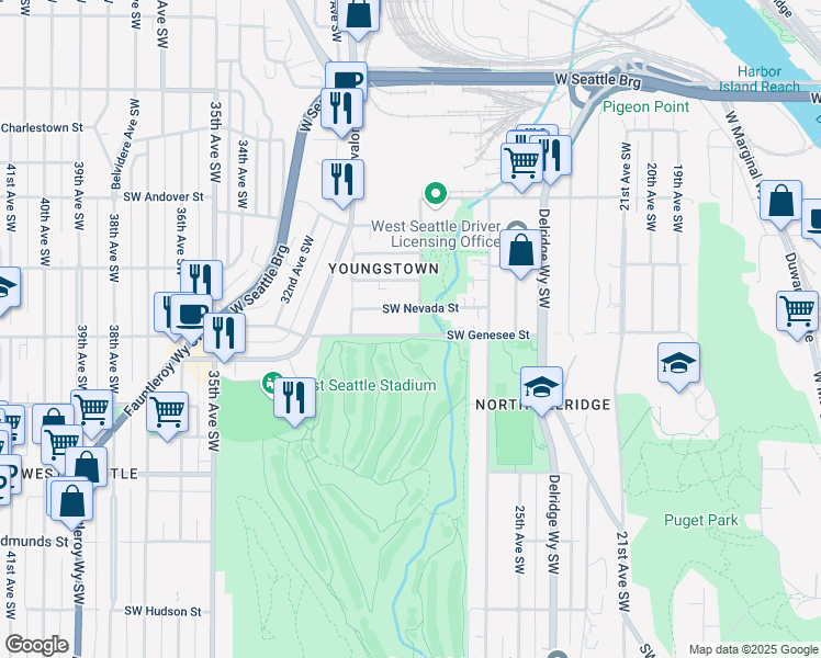 map of restaurants, bars, coffee shops, grocery stores, and more near 2809 Southwest Nevada Street in Seattle