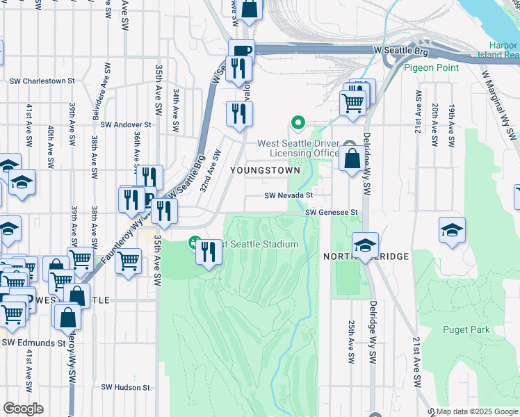 map of restaurants, bars, coffee shops, grocery stores, and more near 2838A Southwest Genesee Street in Seattle