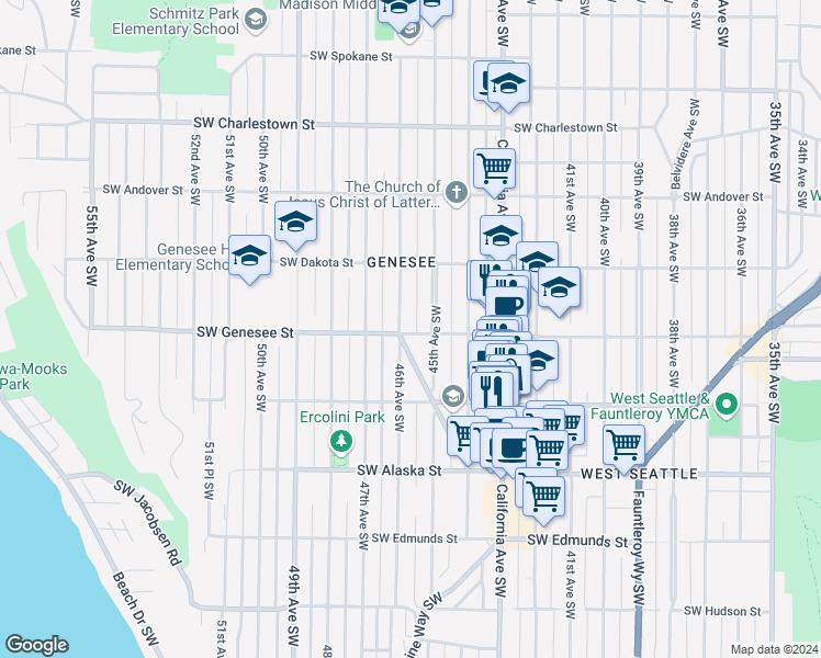 map of restaurants, bars, coffee shops, grocery stores, and more near 4153 46th Avenue Southwest in Seattle