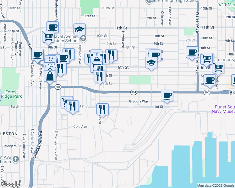 map of restaurants, bars, coffee shops, grocery stores, and more near 1917 Burwell Street in Bremerton