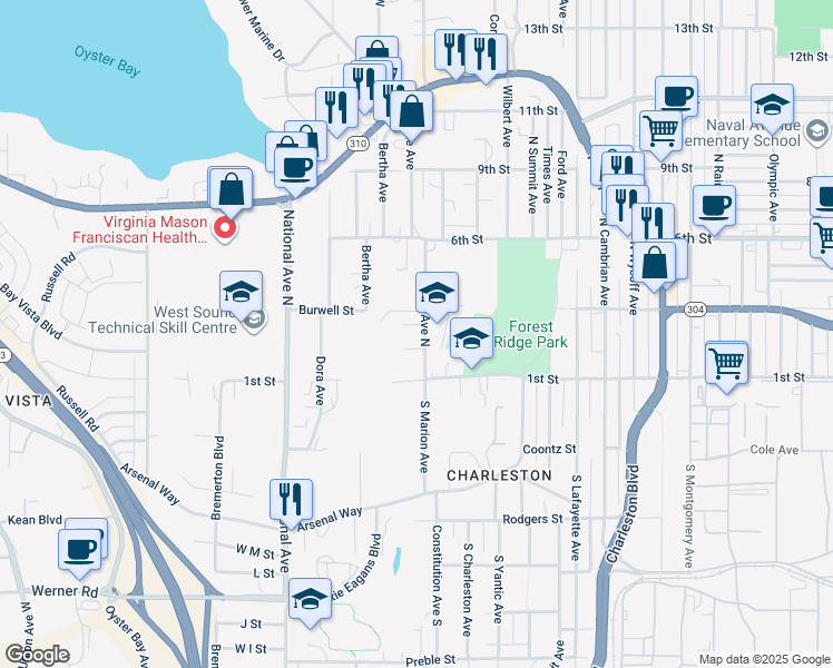 map of restaurants, bars, coffee shops, grocery stores, and more near 133 Marion Avenue North in Bremerton