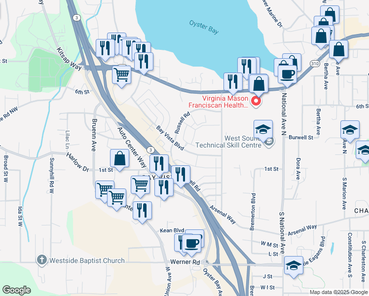 map of restaurants, bars, coffee shops, grocery stores, and more near 4520 Bay Vista Boulevard in Bremerton