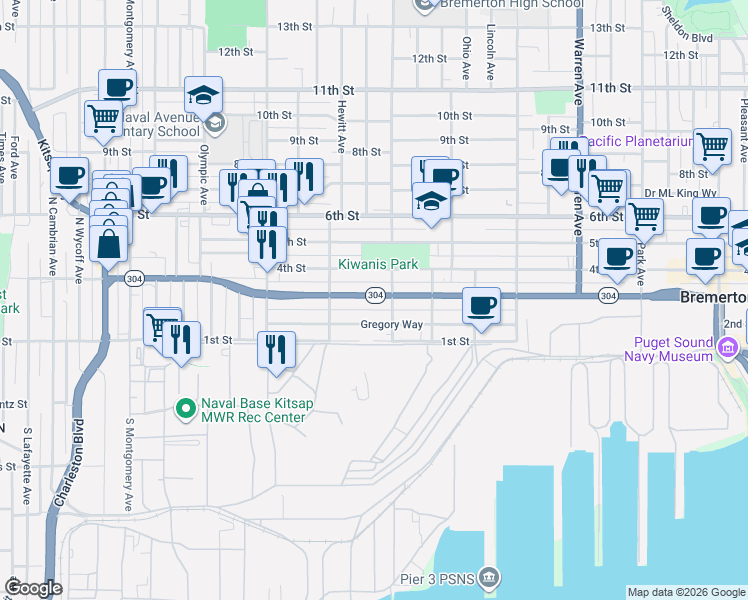 map of restaurants, bars, coffee shops, grocery stores, and more near in Bremerton