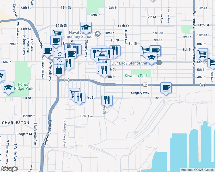 map of restaurants, bars, coffee shops, grocery stores, and more near 1941 Washington 304 in Bremerton