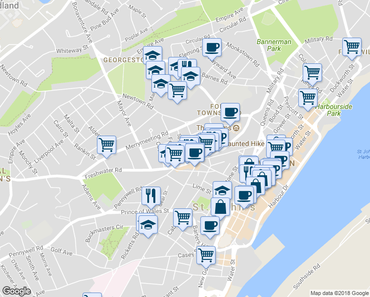 map of restaurants, bars, coffee shops, grocery stores, and more near 22 Spencer Street in St. John's