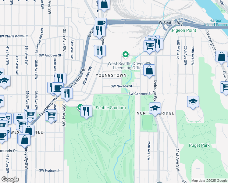 map of restaurants, bars, coffee shops, grocery stores, and more near 2822 Southwest Genesee Street in Seattle