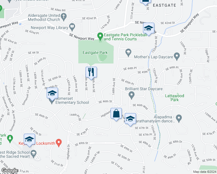 map of restaurants, bars, coffee shops, grocery stores, and more near 14719 Southeast 45th Place in Bellevue