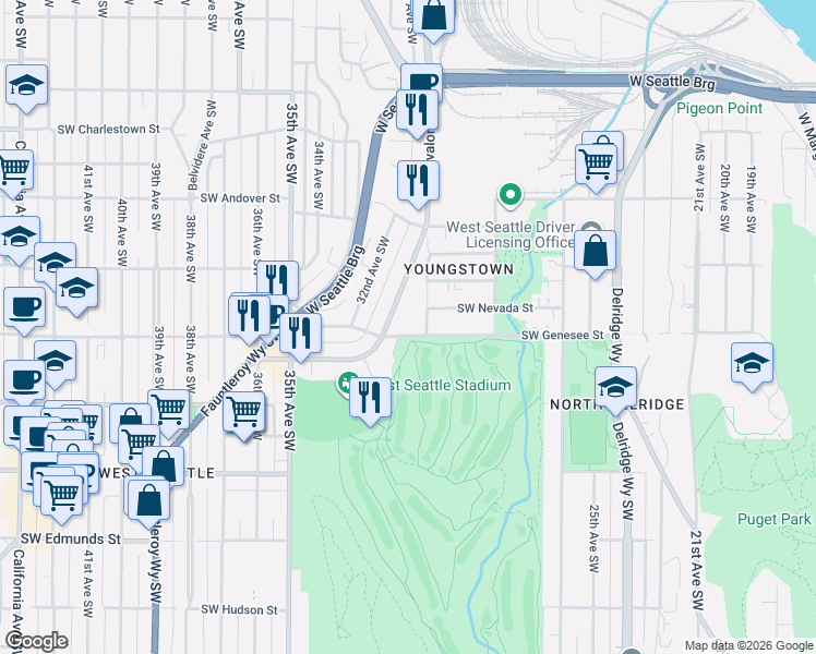 map of restaurants, bars, coffee shops, grocery stores, and more near 3014 Southwest Genesee Street in Seattle