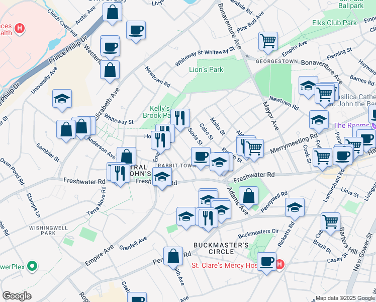 map of restaurants, bars, coffee shops, grocery stores, and more near 23 A Suez Street in St. John's