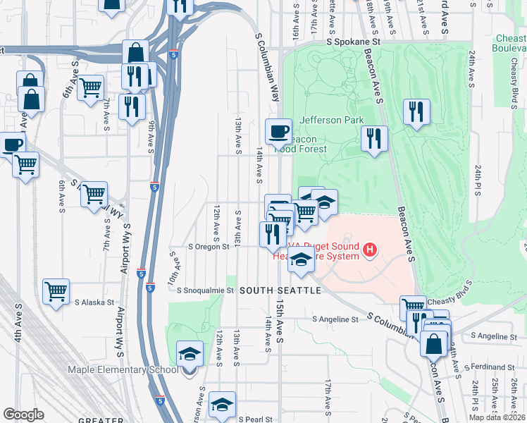 map of restaurants, bars, coffee shops, grocery stores, and more near 4310 14th Avenue South in Seattle