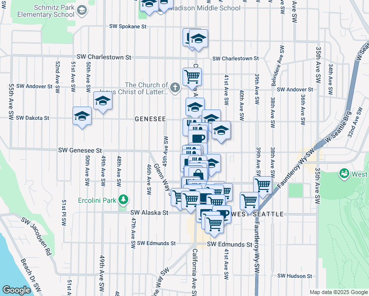 map of restaurants, bars, coffee shops, grocery stores, and more near 4156 44th Avenue Southwest in Seattle