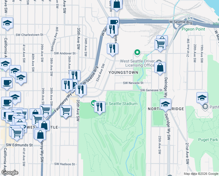 map of restaurants, bars, coffee shops, grocery stores, and more near 3014 Southwest Genesee Street in Seattle