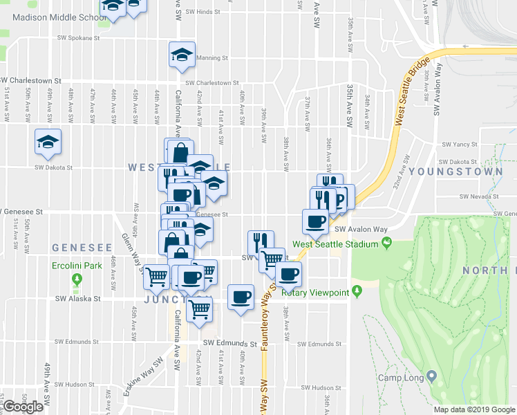 map of restaurants, bars, coffee shops, grocery stores, and more near 4153 39th Avenue Southwest in Seattle
