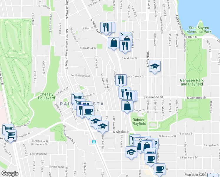 map of restaurants, bars, coffee shops, grocery stores, and more near 4216 34th Avenue South in Seattle