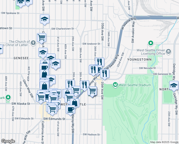 map of restaurants, bars, coffee shops, grocery stores, and more near 4151 37th Avenue Southwest in Seattle
