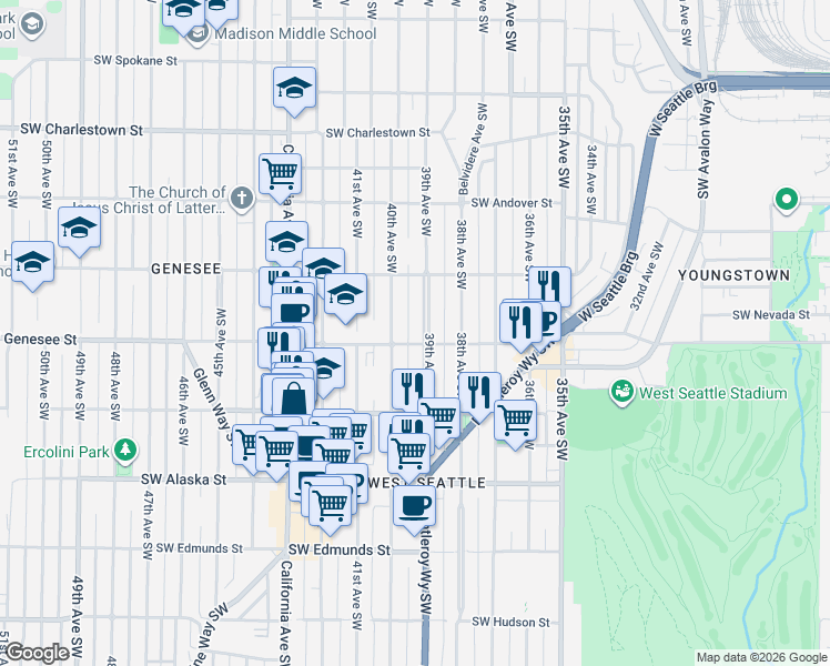 map of restaurants, bars, coffee shops, grocery stores, and more near 4153 39th Avenue Southwest in Seattle