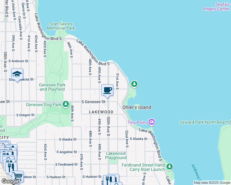 map of restaurants, bars, coffee shops, grocery stores, and more near 4209 51st Avenue South in Seattle
